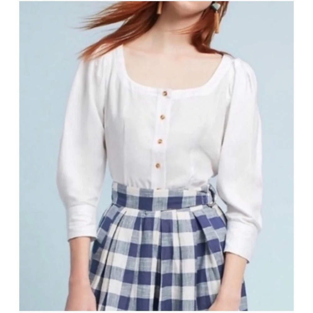 Anthropologie Maeve White Solange Button Down Scoop Neck Blouse Top Size US 0
